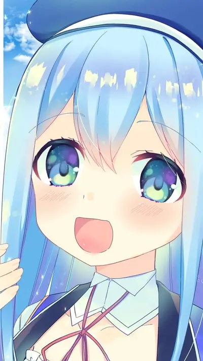 Cute anime girl with blue hair and a sailor hat