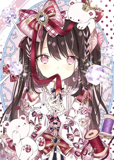 Cute anime girl with bows and teddy bears