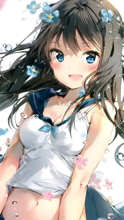 Cute anime girl with brown hair, blue eyes, and a white sailor dress