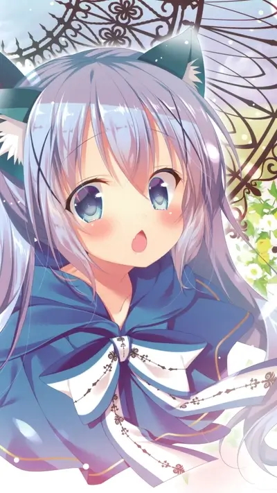 Cute anime girl with cat ears and a blue cloak