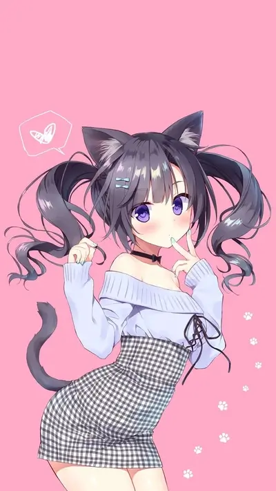Cute anime girl with cat ears in pink background