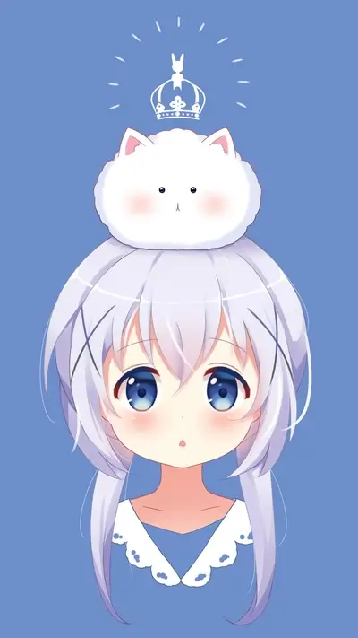 Cute anime girl with cat on head, wearing blue dress.