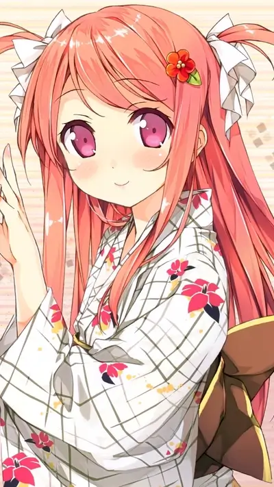 Cute anime girl with coral hair and a summer kimono.
