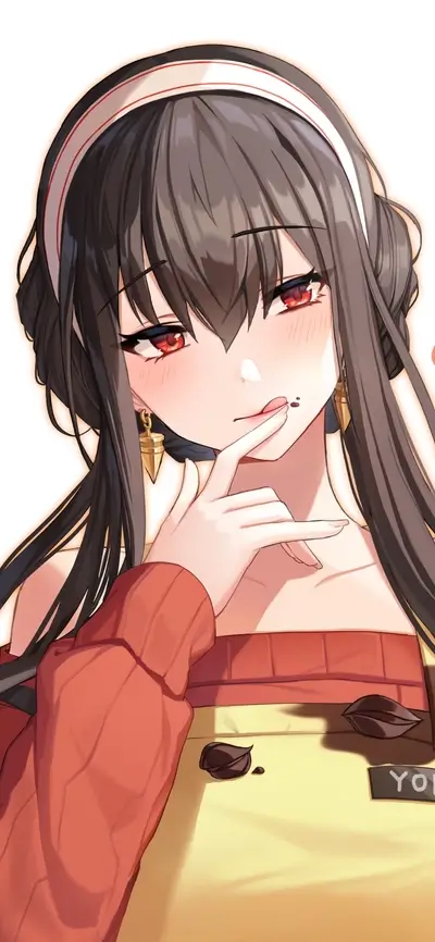 cute anime girl with dark hair and red sweater