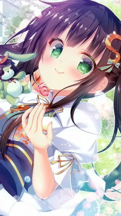 Cute anime girl with green eyes holding a plush toy