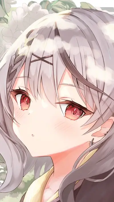 Cute anime girl with grey hair and red eyes