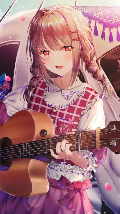 Cute anime girl with guitar, wearing pink dress