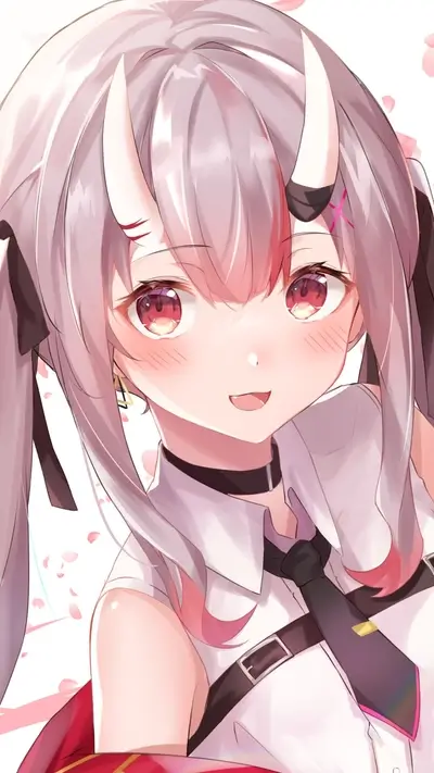 Cute anime girl with horns and pink highlights smiling sweetly