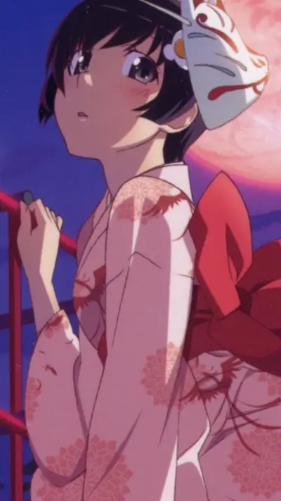 Cute anime girl with kimono and kitsune mask, in an idyllic outdoor setting