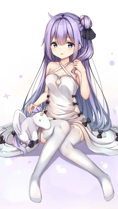 Cute anime girl with long lilac hair and a unicorn plush