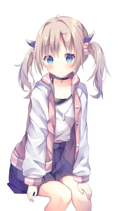 Cute anime girl with pigtails sitting and posing nicely