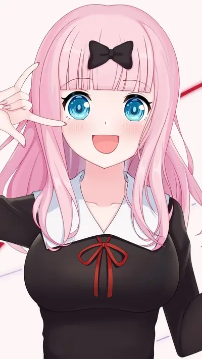 Cute anime girl with pink hair and a black bow