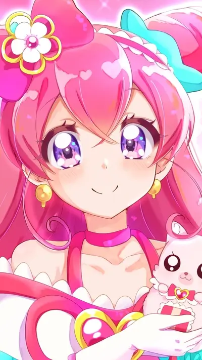 Cute anime girl with pink hair and a plush toy
