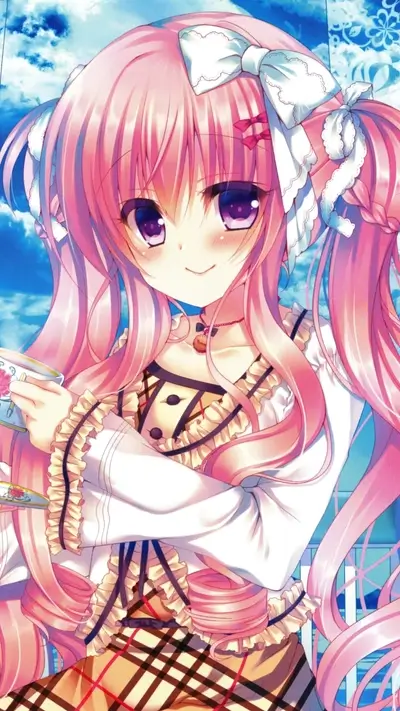 Cute anime girl with pink hair holding a teacup