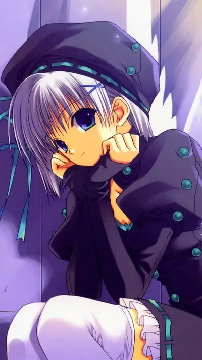 Cute anime girl with purple outfit and white hair