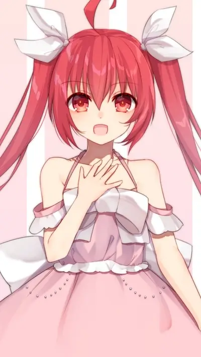 Cute anime girl with red hair and red eyes in pink dress