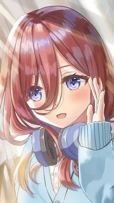 Cute anime girl with reddish-brown hair and blue eyes, wearing headphones