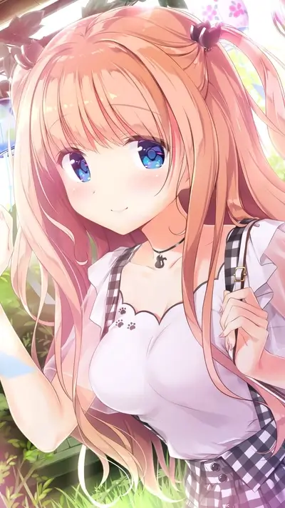 Cute anime girl with soft pink hair, blue eyes, and cat-themed dress