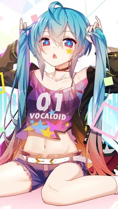 Cute anime girl with star eyes, wearing a crop top