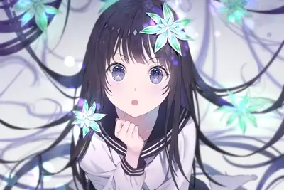 Cute anime girl with teal flowers in her hair