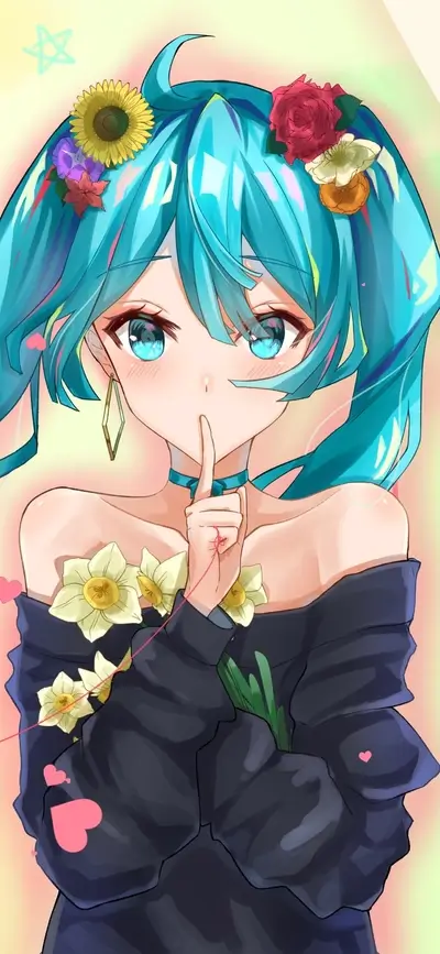 Cute anime girl with teal hair and flowers