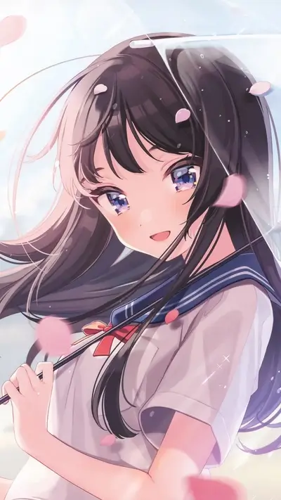 Cute anime girl with umbrella and pink petals