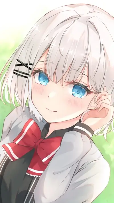 Cute anime girl with white hair and a red bow