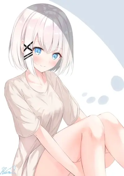 Cute anime girl with white hair and blue eyes sitting