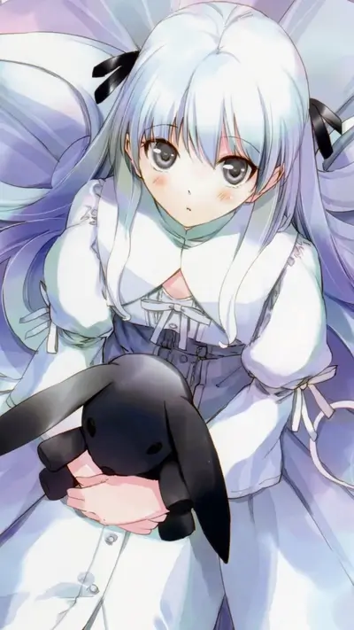Cute anime girl with white hair holding a black bunny plushie