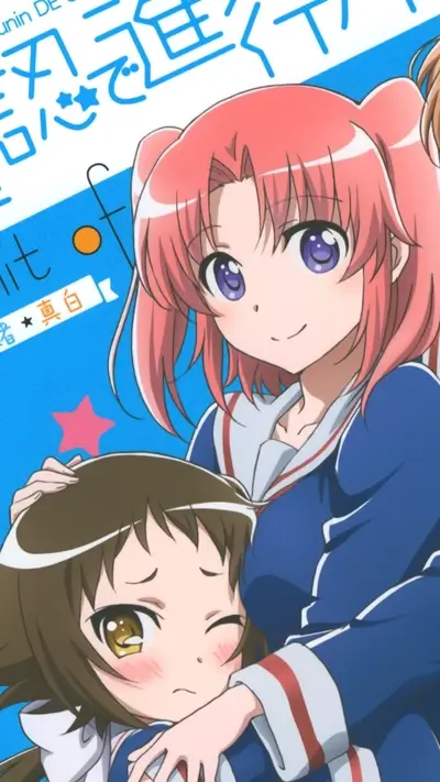 Cute anime girls hugging, smiling, and winking