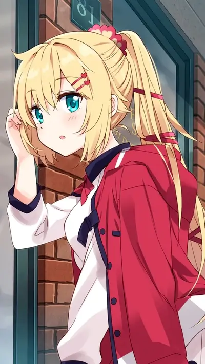 Cute blonde anime girl, red jacket, light brick background