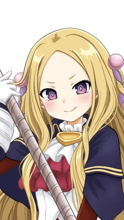 Cute blonde anime girl with a staff and mischievous smile