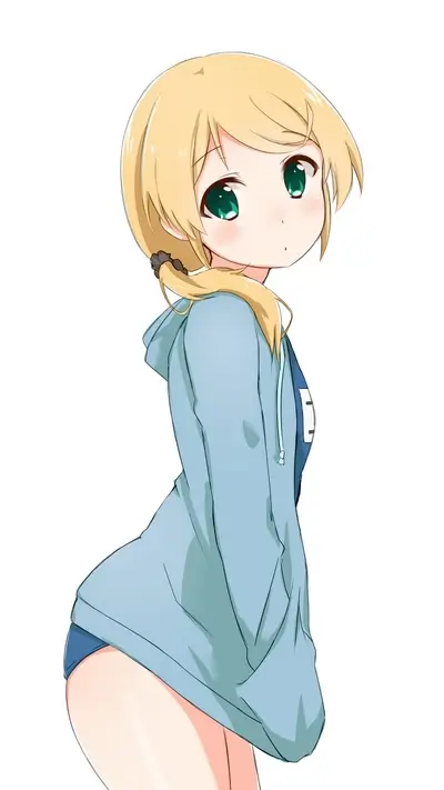 Cute blonde girl in a light blue hoodie