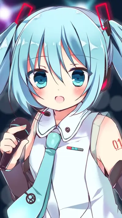 Cute, bright-eyed Hatsune Miku holding a microphone in an expressive pose