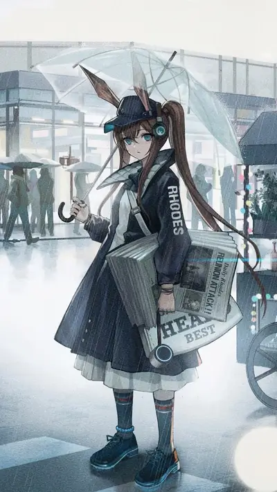 Cute bunny girl walks in the rain with newspapers