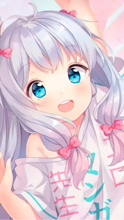 Cute character girl with silver hair and blue eyes smiling