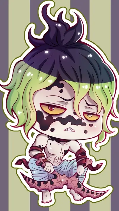 Cute chibi character with green hair and dark markings