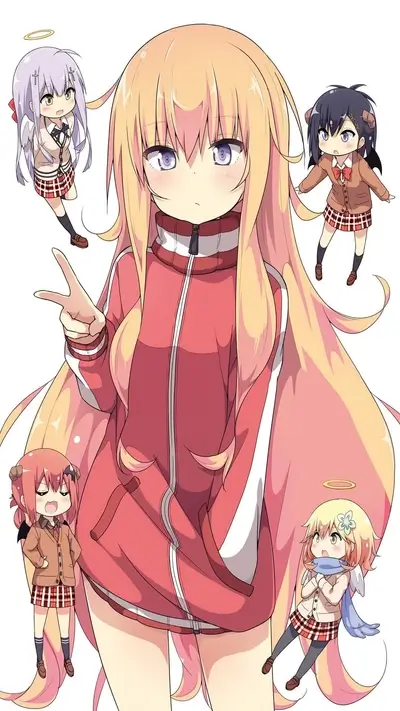 Cute chibi characters surrounding a girl with long hair