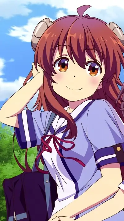 Cute demon girl in school uniform with bright smile