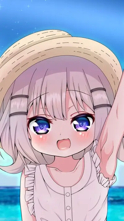 Cute girl anime style at seaside, wearing straw hat, light hair, big eyes
