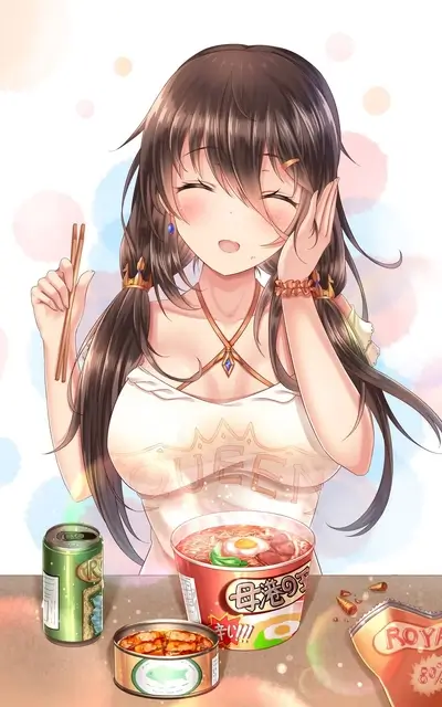 Cute girl happily eating instant ramen