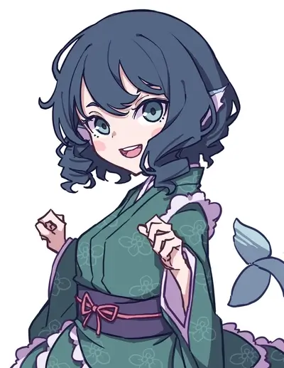 Cute girl in a green kimono with a fishtail