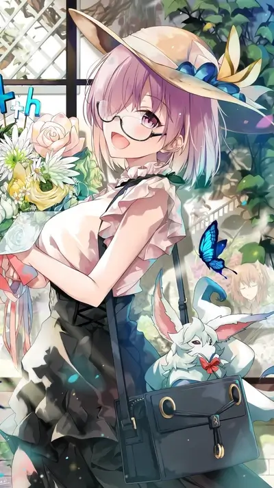 Cute girl in a hat holding flowers