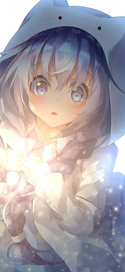 Cute girl in a hooded sweatshirt, magical sparkles