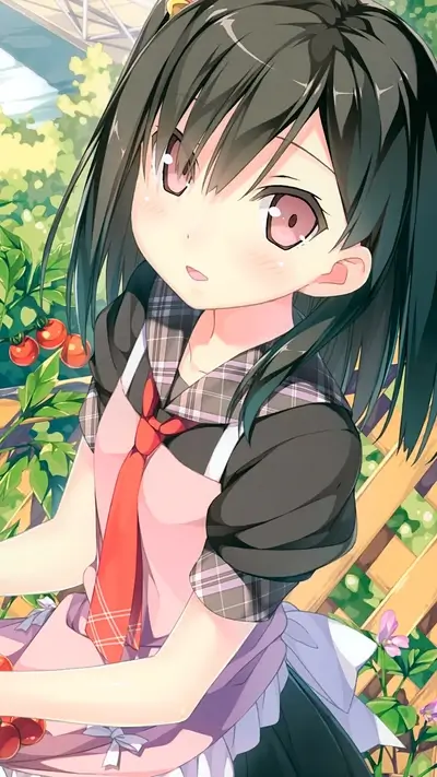 Cute girl in an apron tending a tomato plant