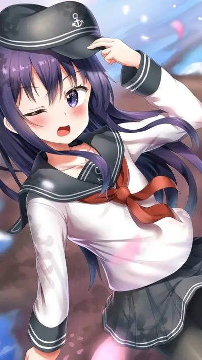 Cute girl in sailor uniform adjusting her cap