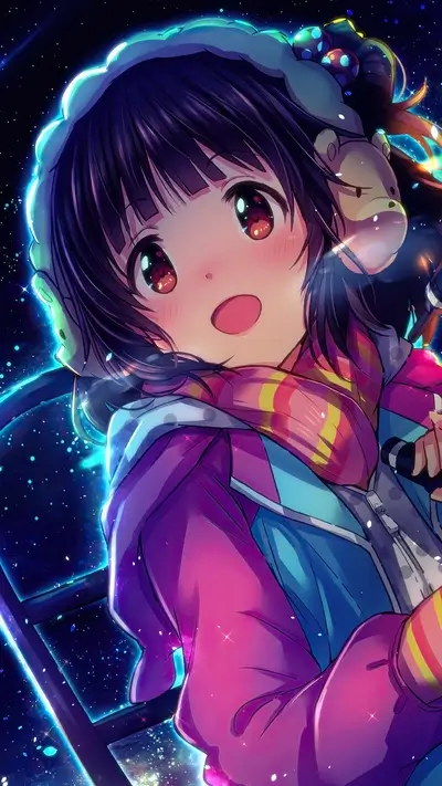 Cute girl in winter clothes against a starry background