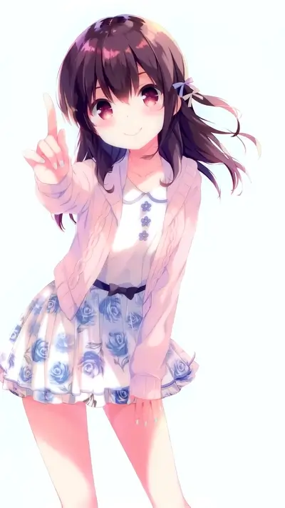 Cute girl pointing up, wearing a pink cardigan and floral skirt
