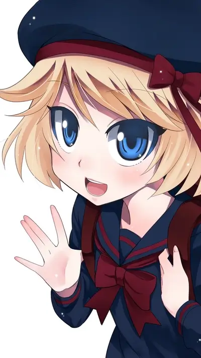 Cute girl waving, school uniform, beret