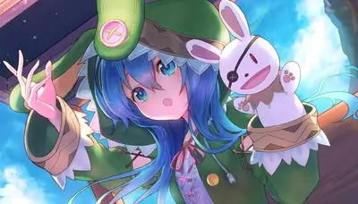 Cute girl with blue hair and a bunny puppet